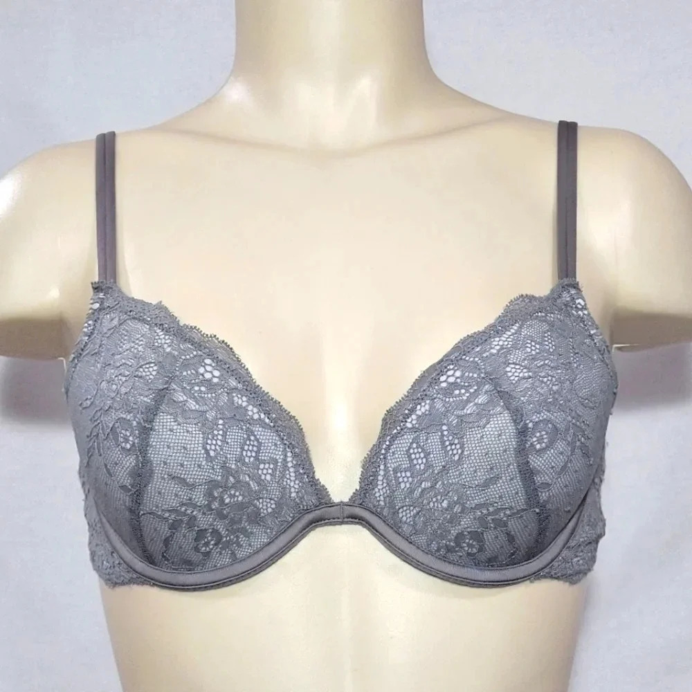 34B Maidenform 9407 Enthralled Embellished Lace Plunge Underwire Bra Gray NWT